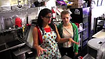 Young blonde Alani Pi has job interview as barista  at Penny Barber&apos;s  quick-service coffee shop